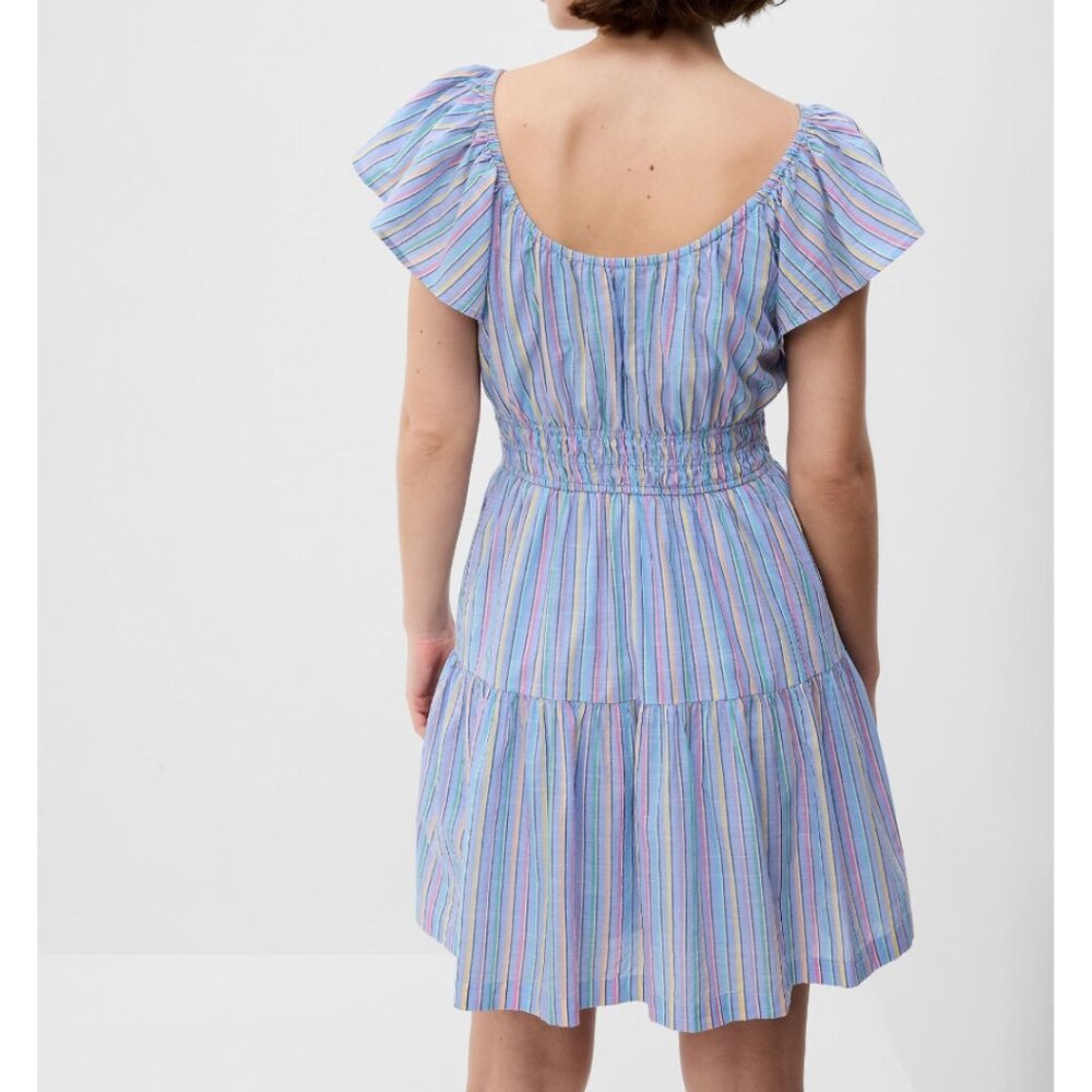NWT GAP Women's Blue Stripe Fluttered Sleeve Tiered/Smocked Mini Dress Sz Large - Picture 2 of 7